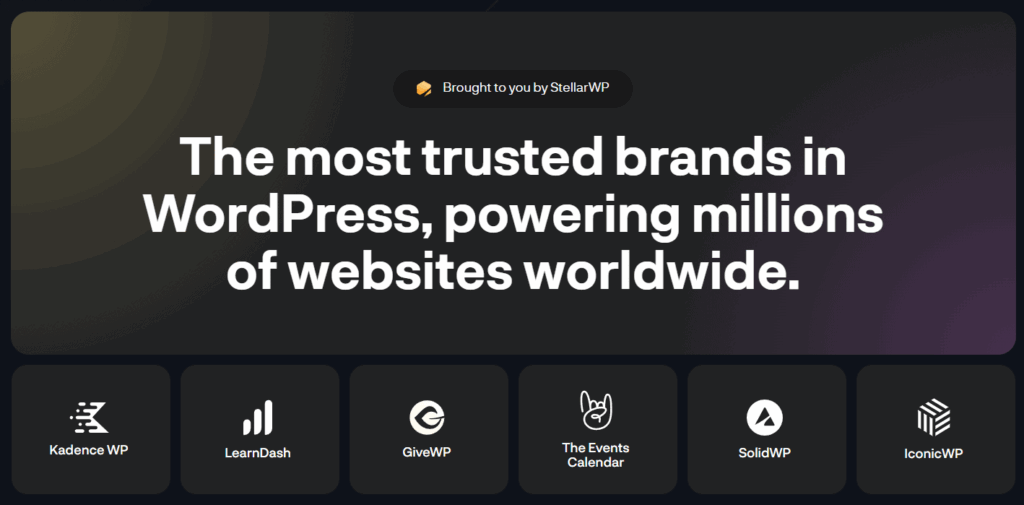 StellarWP brands: Kadence WP, LearnDash, GiveWP, The Events Calendar, SolidWP, IconicWP.