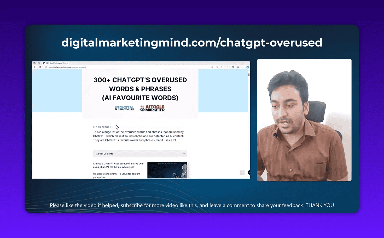 Website screenshot showing '300+ CHATGPT'S OVERUSED WORDS & PHRASES' title with presenter video thumbnail