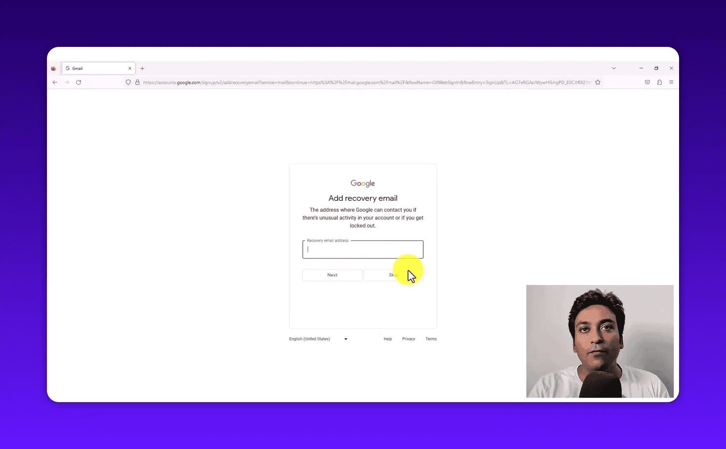 Google 'Add recovery email' dialog box on sign-up page with recovery email input and Skip button highlighted
