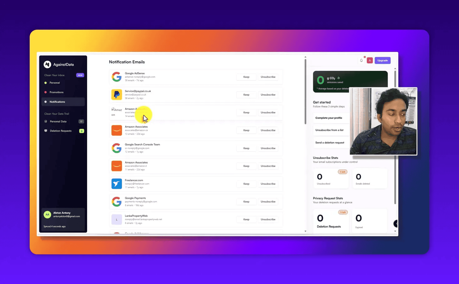 Clear AgainstData screenshot showing Notifications list with Google AdSense, PayPal and Amazon Associates entries and unsubscribe controls