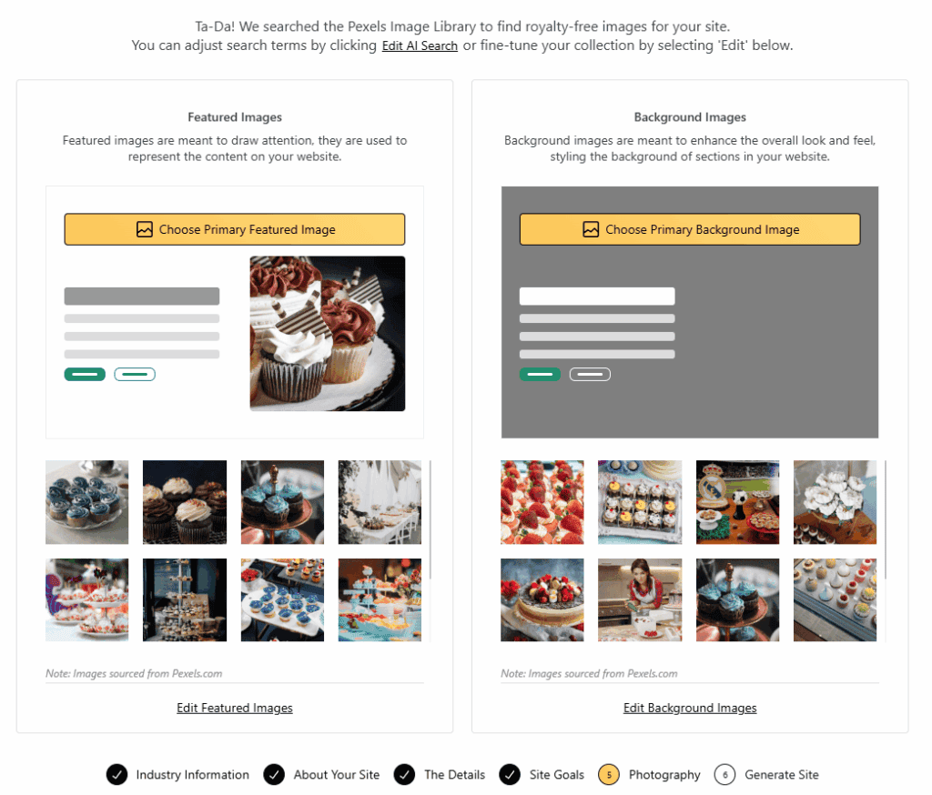 Website builder tool with options to choose featured and background images