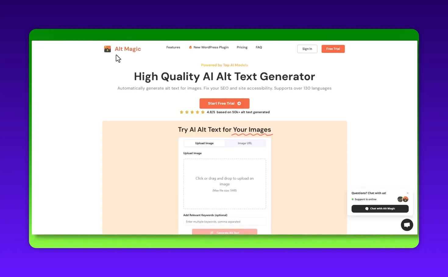 Alt Magic homepage hero showing AI alt text generator demo box, upload area and prominent start free trial button