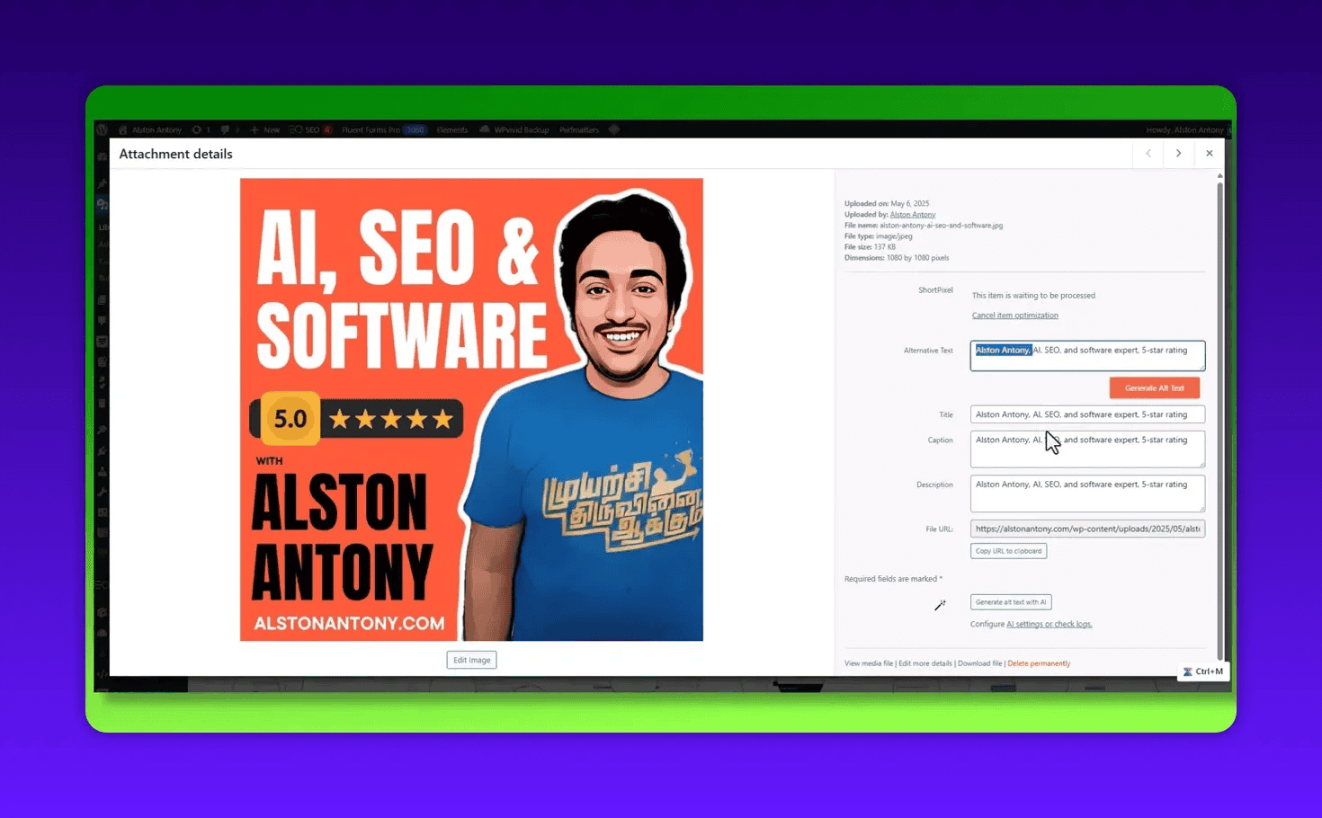 Alt Magic example generated alt text displayed in the WordPress media attachment details pane