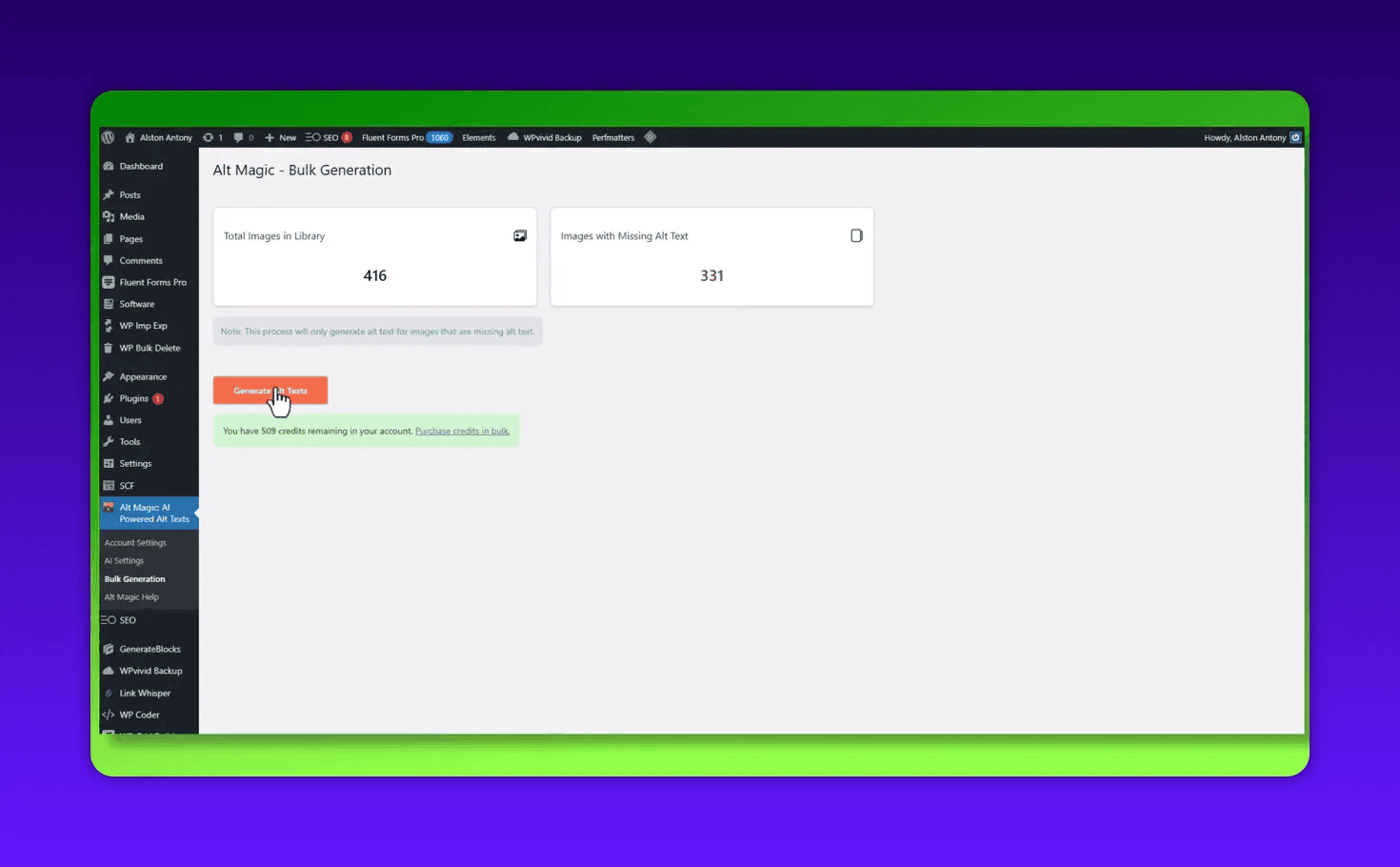 Alt Magic bulk generation screen with cursor clicking the 'Generate Alt Texts' button, showing total images and missing alt text count
