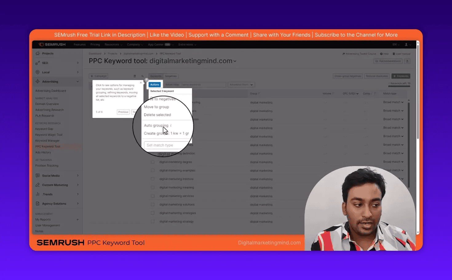 Close-up of SEMrush PPC Keyword Tool Actions menu showing 'Auto grouping' and 'Create groups' options on the keyword list