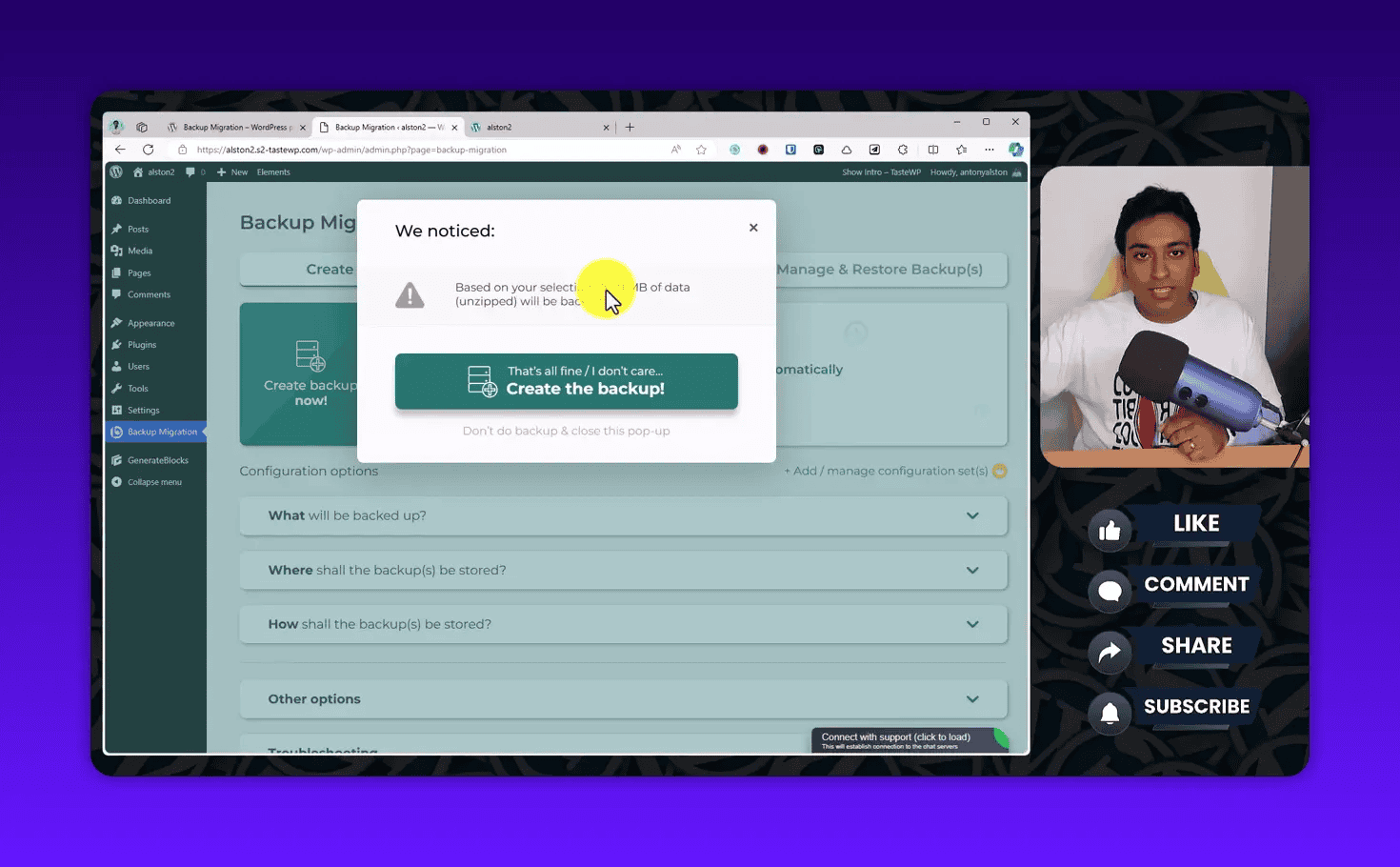 Backup Migration confirmation dialog displaying 