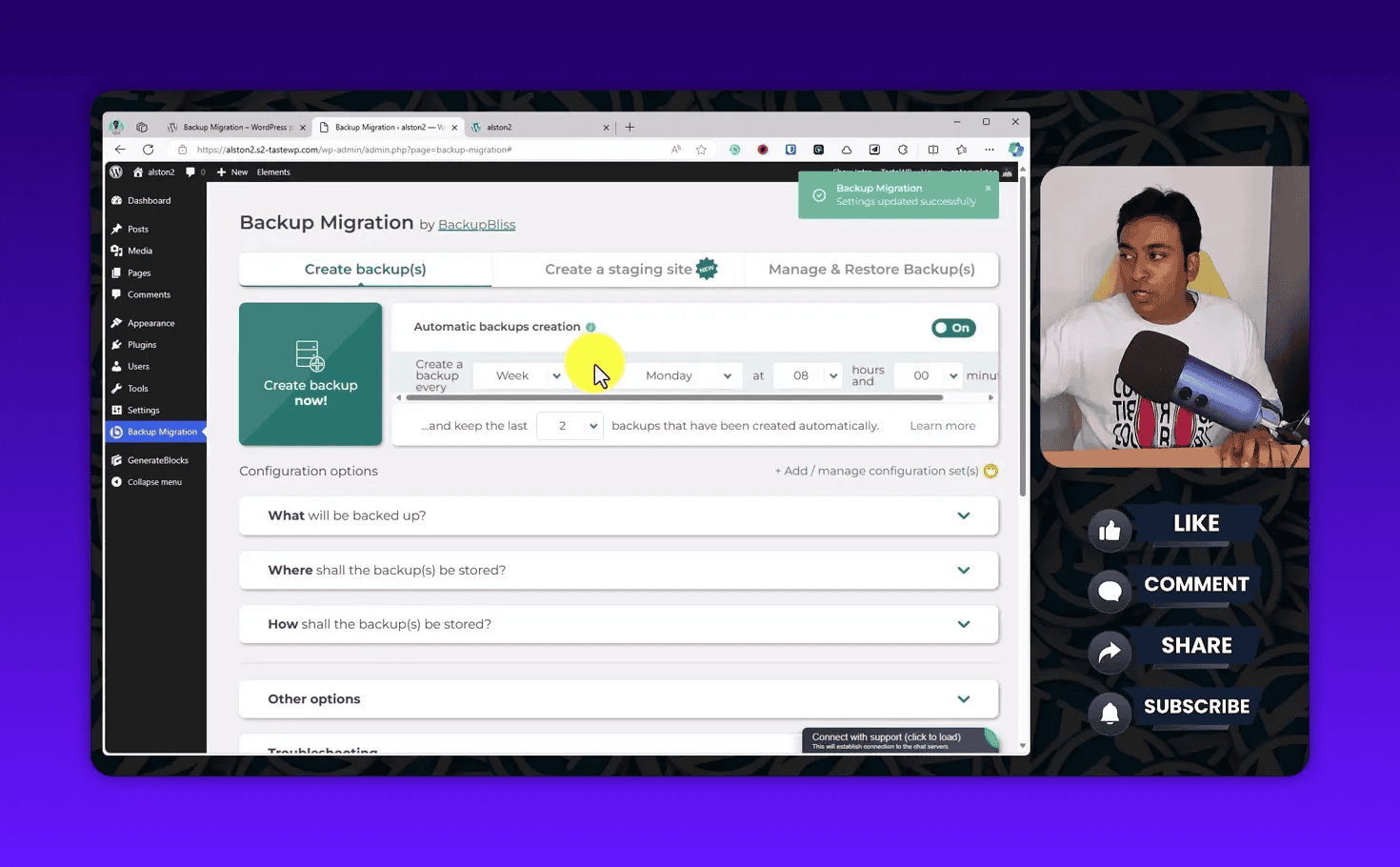 Backup Migration automatic backups creation panel showing schedule fields, retention number and On toggle