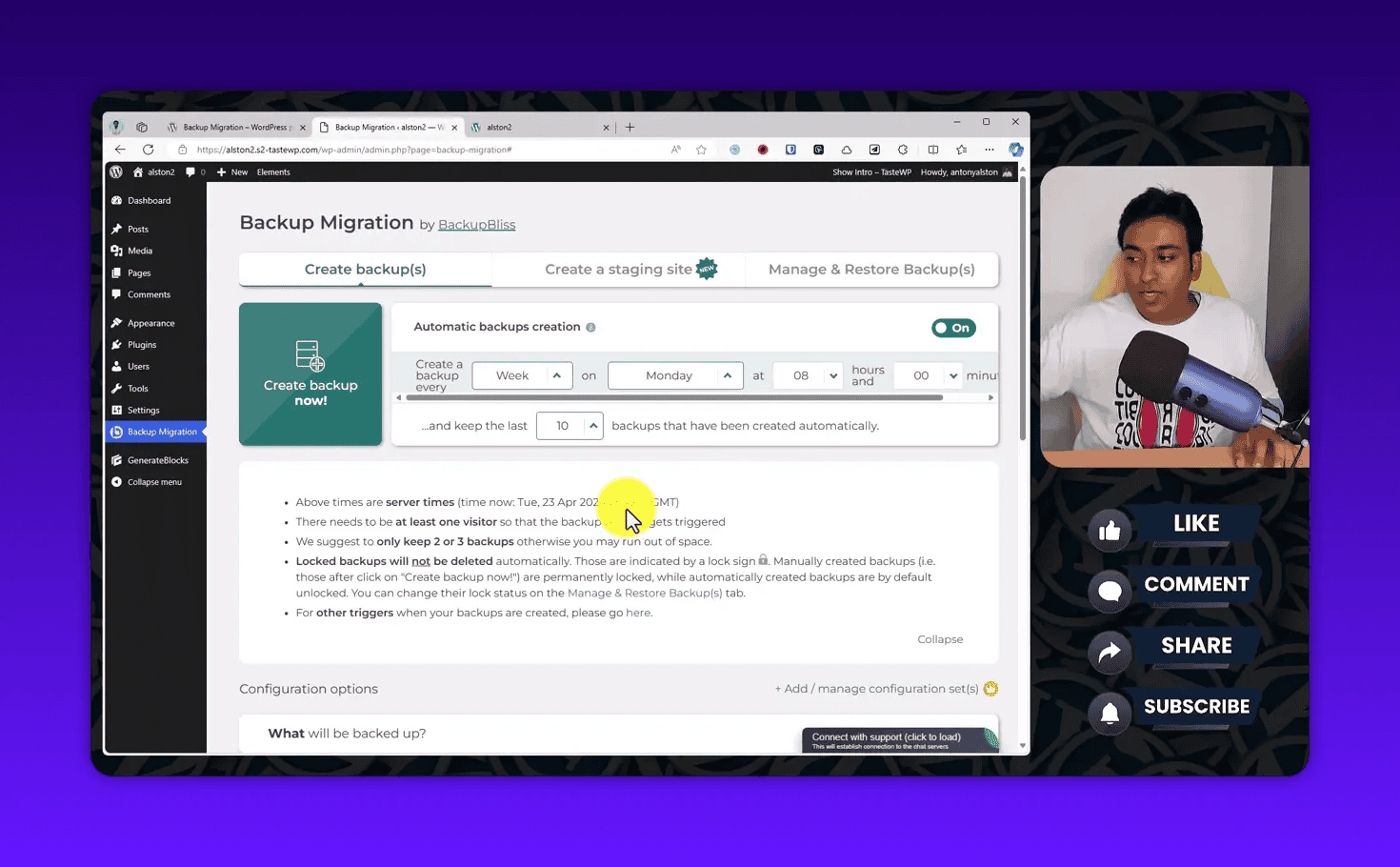 Backup Migration plugin screen highlighting notes about server times, visitor requirement and locked backups alongside schedule controls