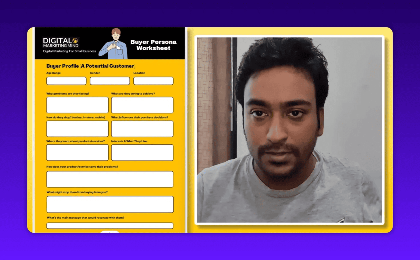 Clear view of buyer persona worksheet on the left with presenter on the right looking at camera