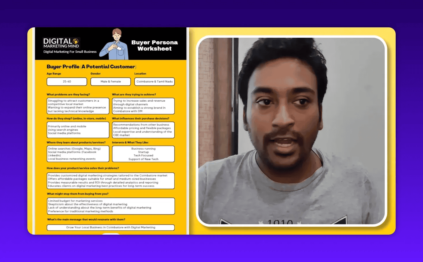 Close view of buyer persona worksheet on the left with presenter on the right; the worksheet's bottom tagline 'Grow Your Local Business in Coimbatore with Digital Marketing' is visible