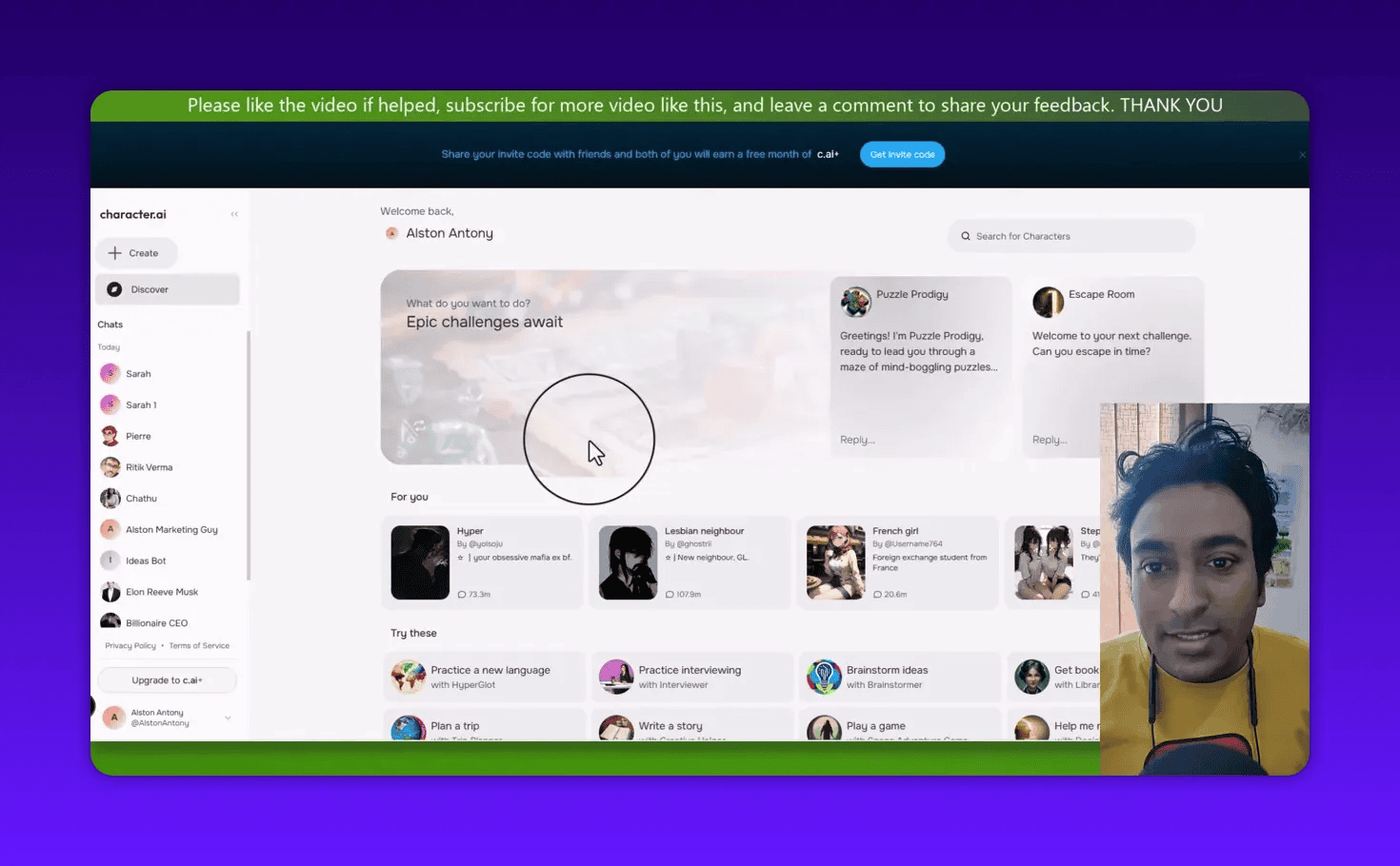 Clear Character.ai discover page screenshot showing character tiles and search, with small presenter inset