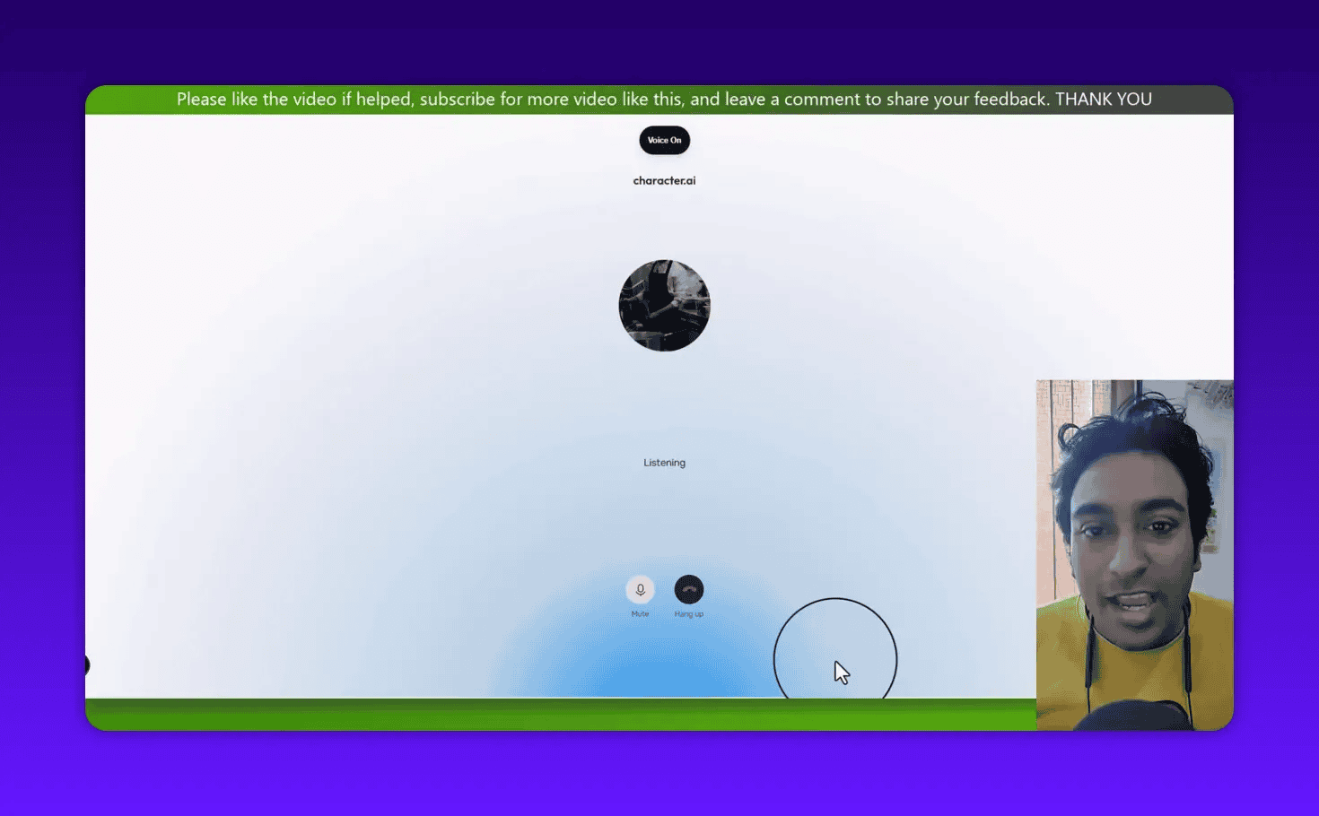 Character.ai call interface showing 'Listening' text, visible mute and hang-up buttons, and a clear presenter webcam on the right.