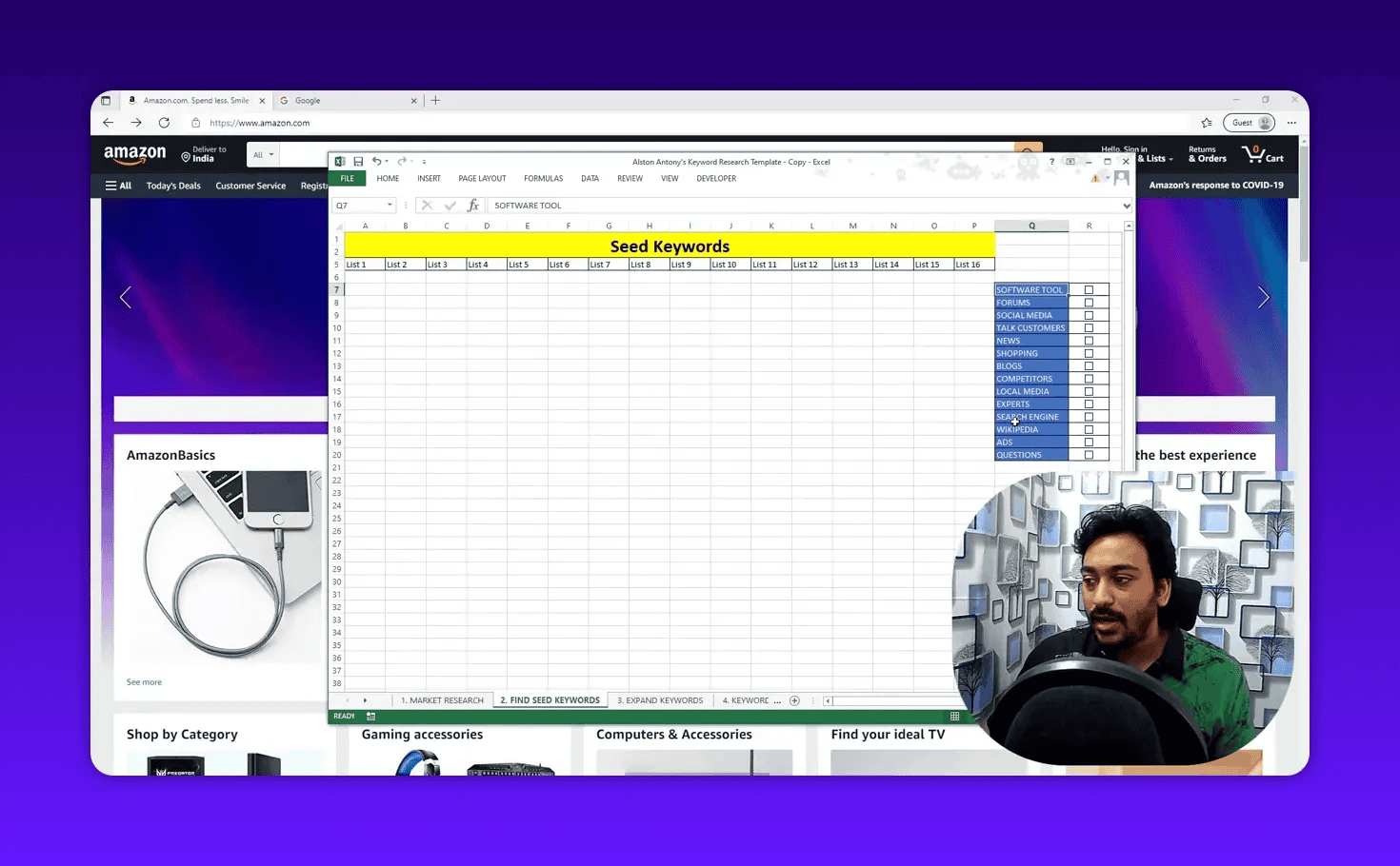 Clear view of seed keywords spreadsheet with labeled lists and source column, presenter visible in corner
