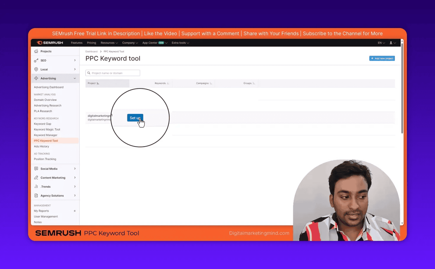 Magnified cursor clicking the 'Set up' button for a project on the SEMrush PPC Keyword Tool dashboard