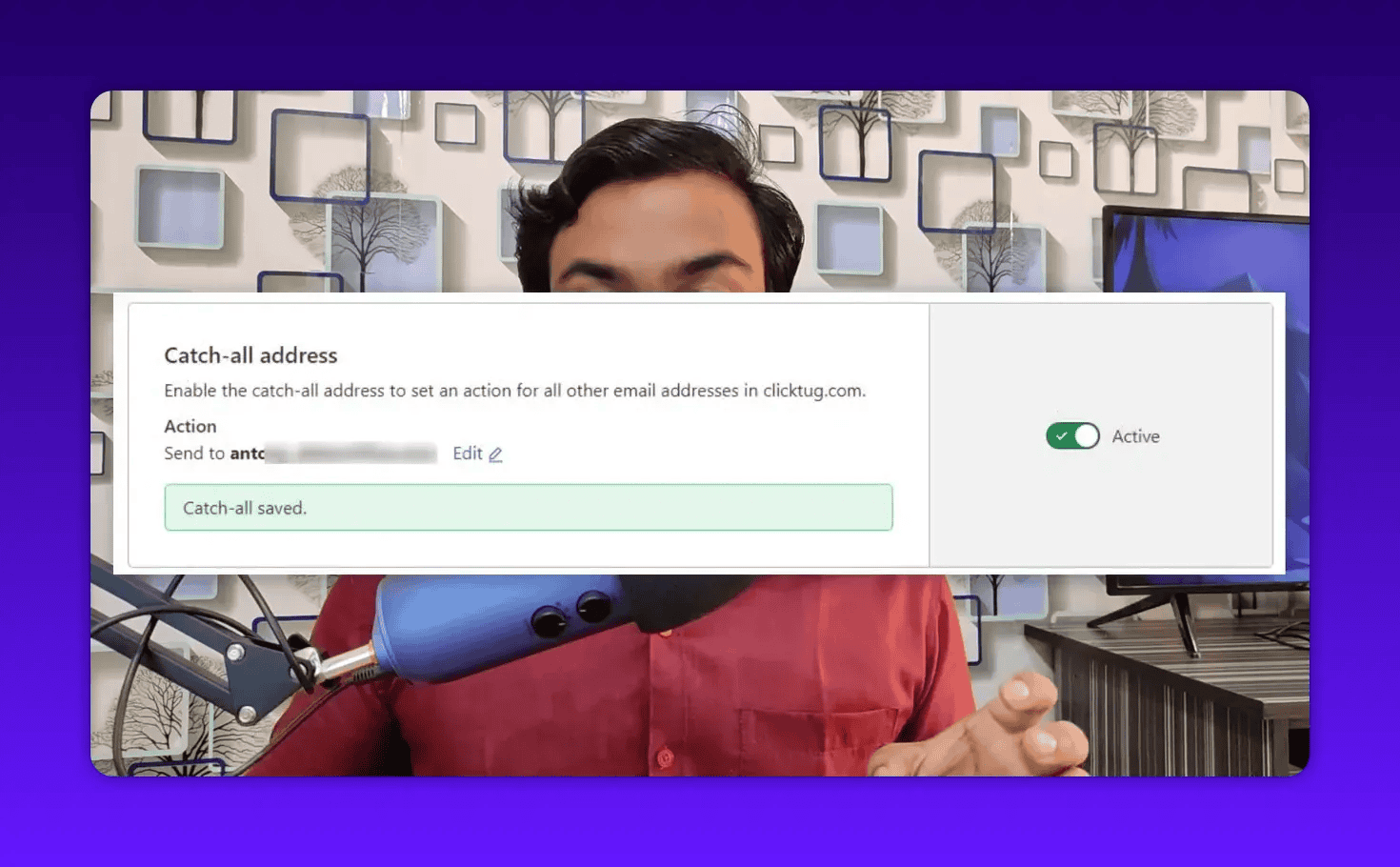 Cloudflare Email Routing UI showing the 'Catch-all address' setting with 'Catch-all saved' and active toggle