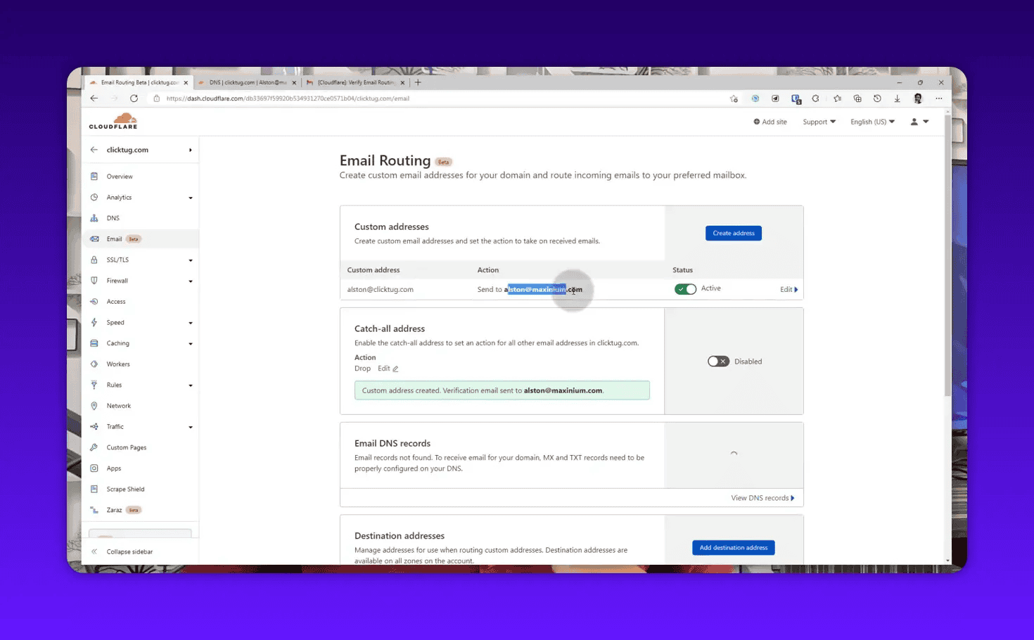 Cloudflare Email Routing dashboard showing custom addresses, destination address, catch-all toggle and Email DNS records section