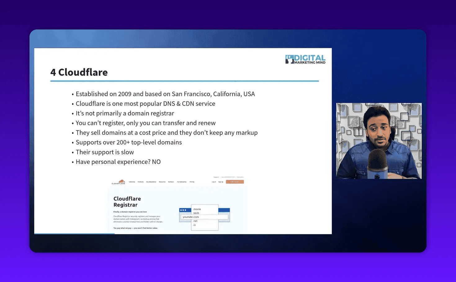 Readable presentation slide '4 Cloudflare' with bullets about transfer-only registration, cost pricing and TLD support; presenter visible in an inset box.