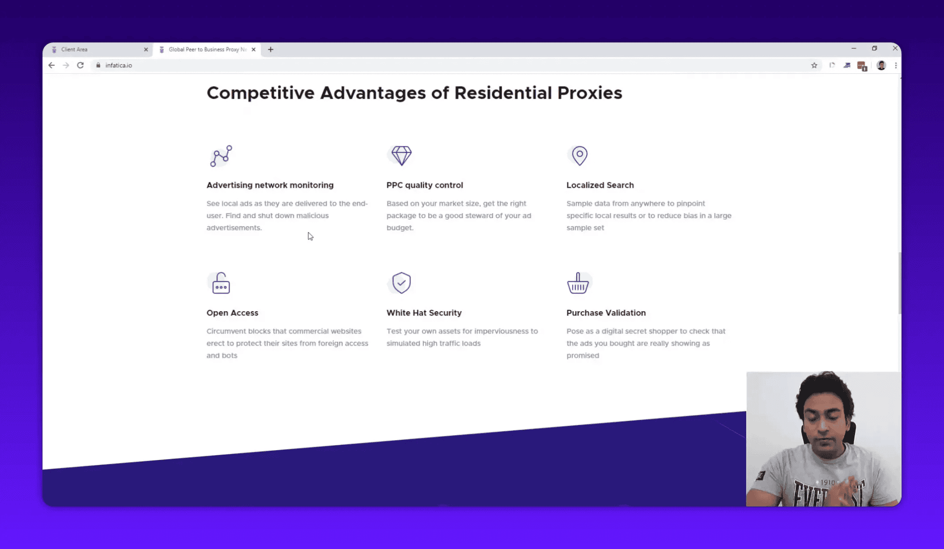 Infatica webpage showing 'Competitive Advantages of Residential Proxies' with icons for use cases