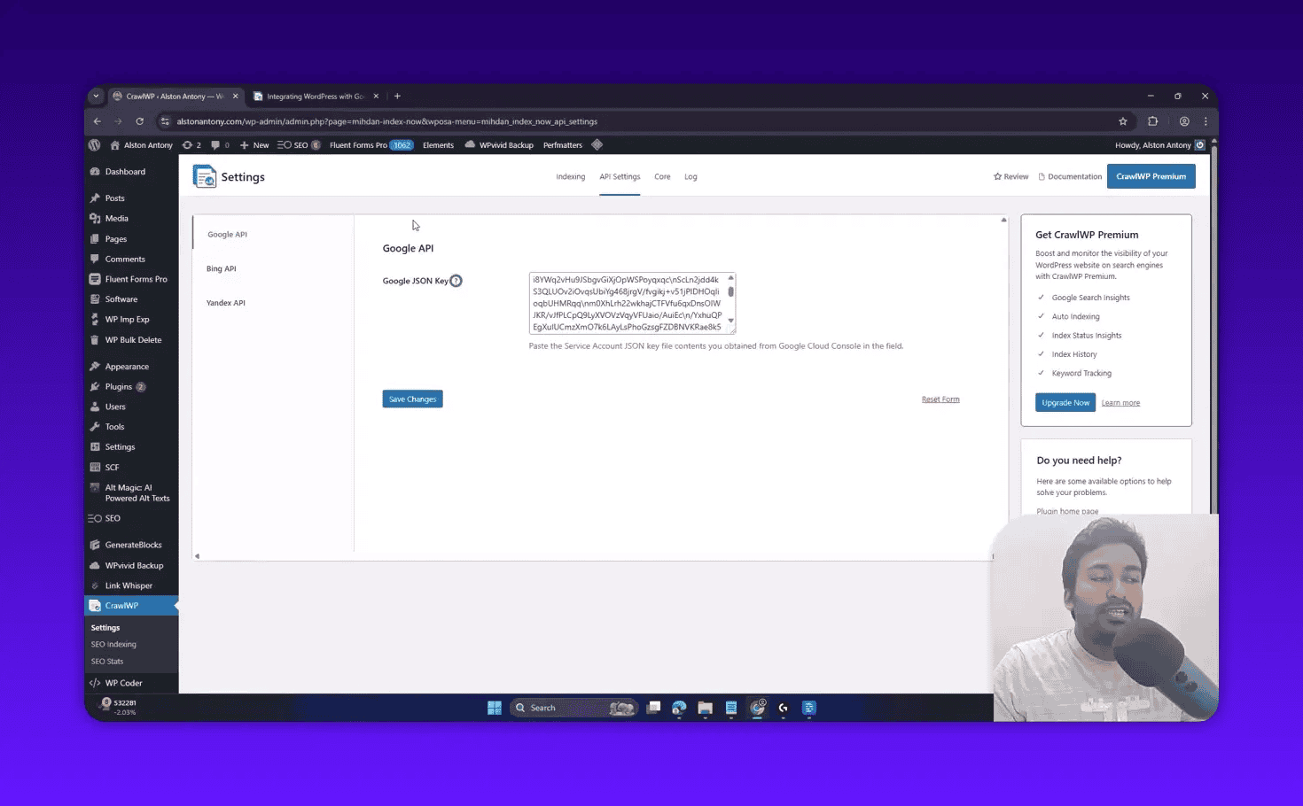CrawlWP plugin settings page showing the 'Google JSON Key' field with JSON contents pasted and a 'Save Changes' button.