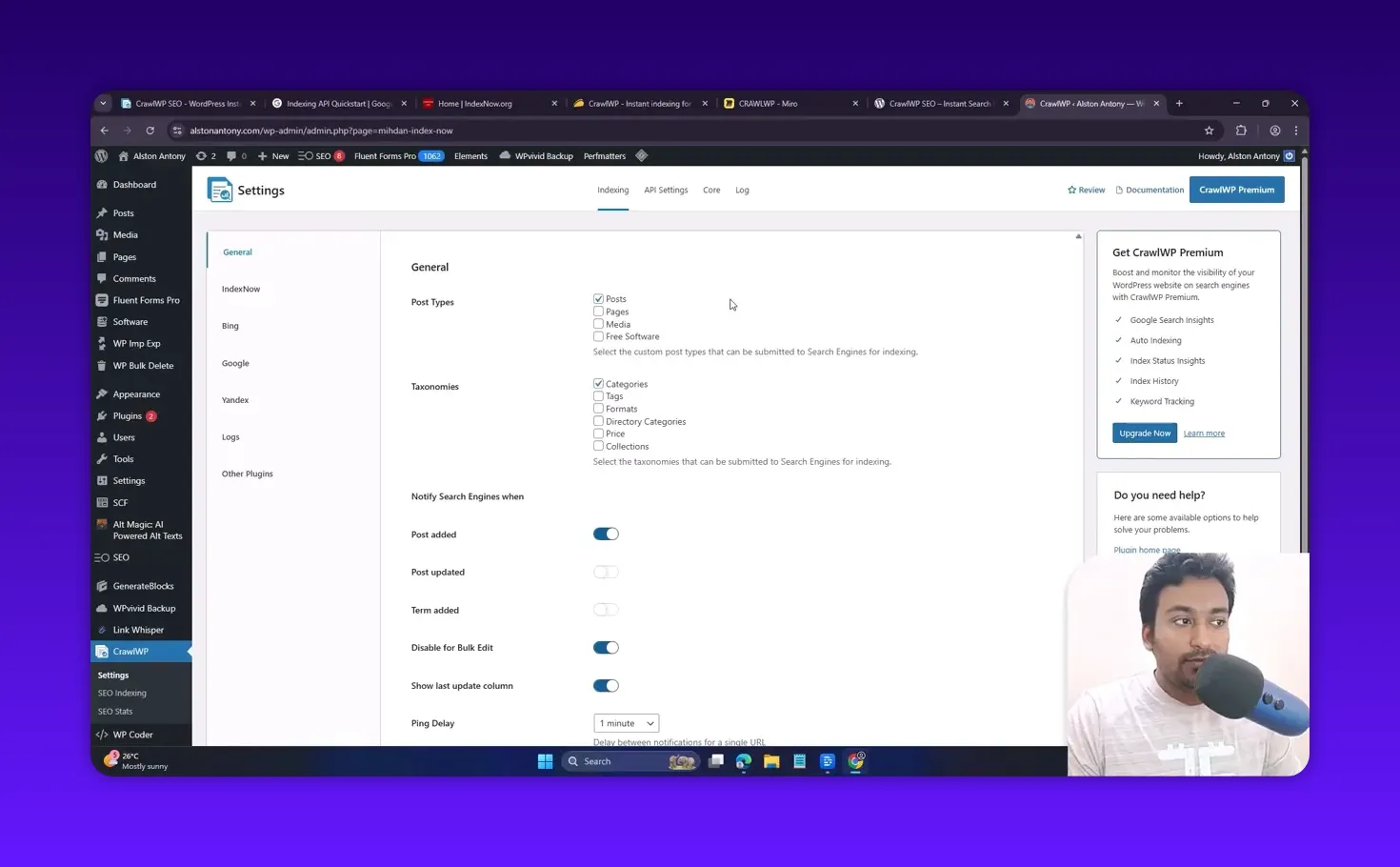 Clear view of CrawlWP Indexing tab in WordPress showing post type checkboxes, taxonomy options and ping delay controls