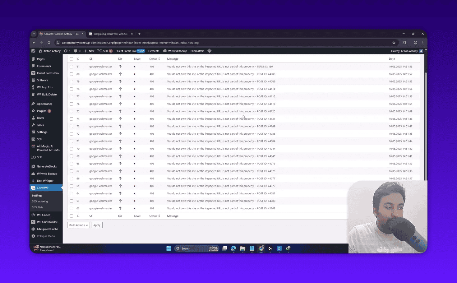 CrawlWP log screen showing repeated 403 'You do not own this site' messages from Google webmaster API