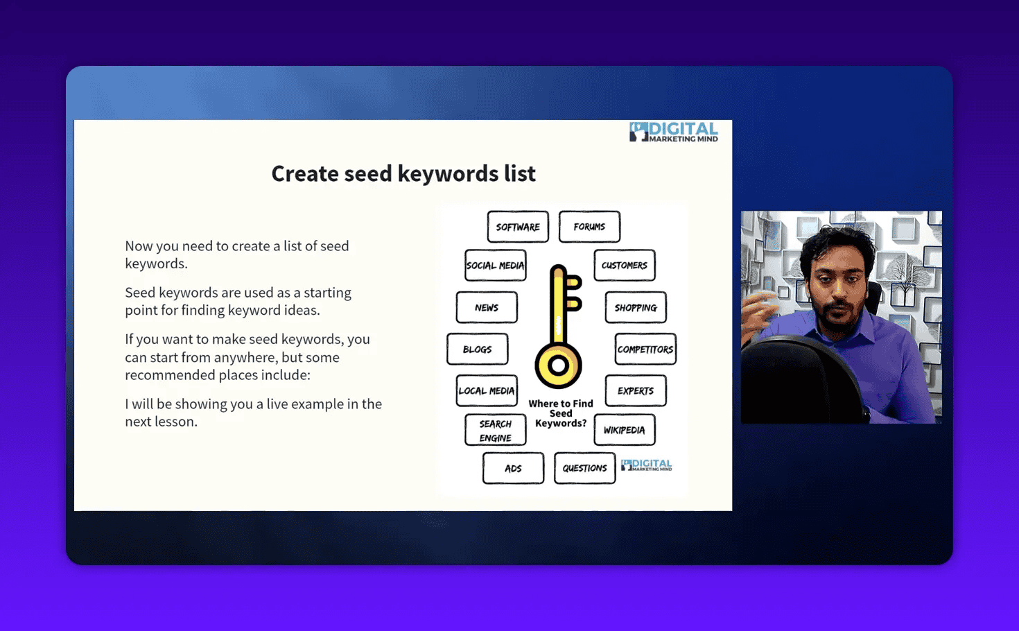 High-clarity presentation slide 'Create seed keywords list' with a central key graphic showing seed sources (including 'Shopping' and 'Search engine') and a small presenter video pane at the right.