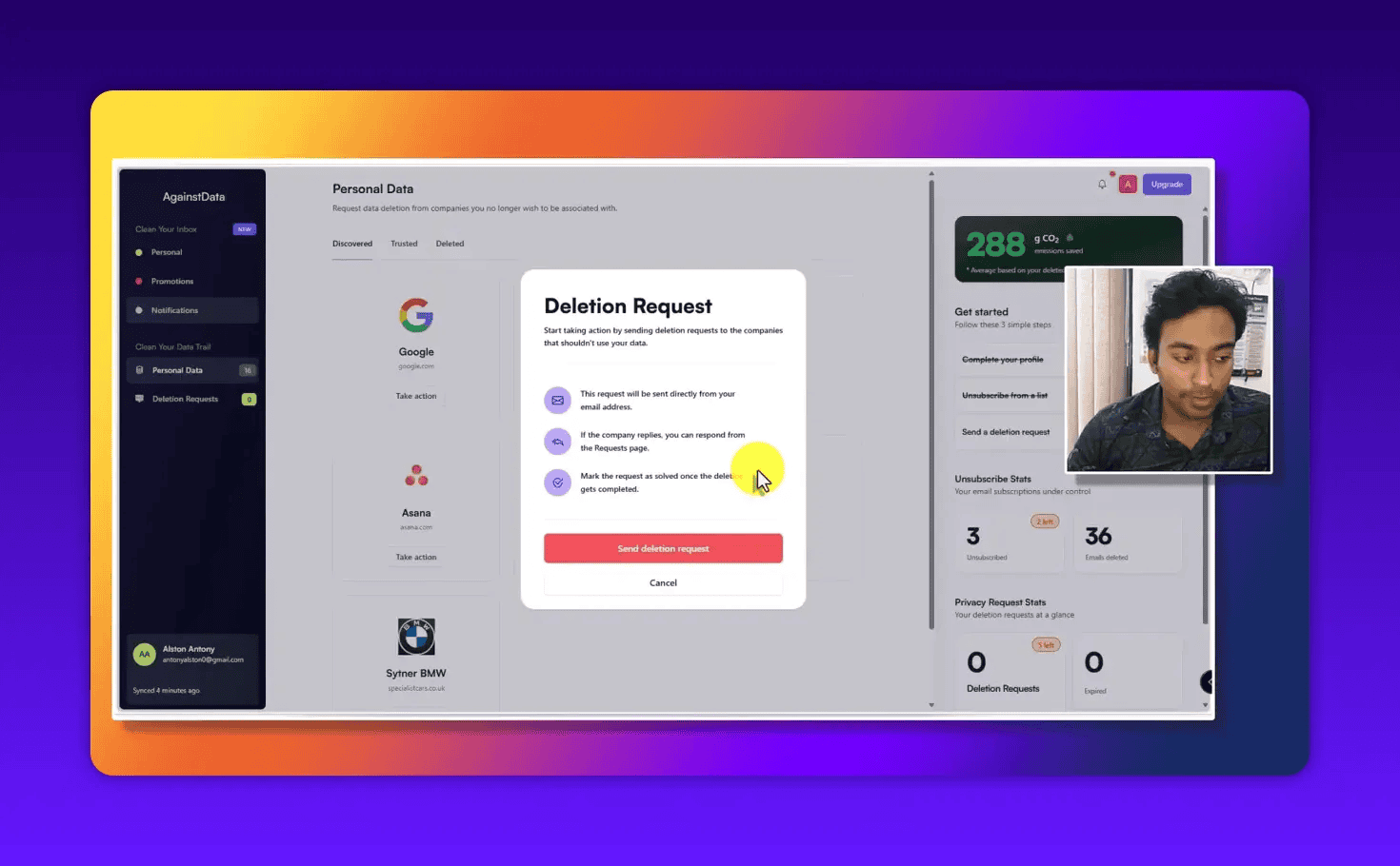 AgainstData deletion request confirmation modal with 'Send deletion request' button and presenter inset