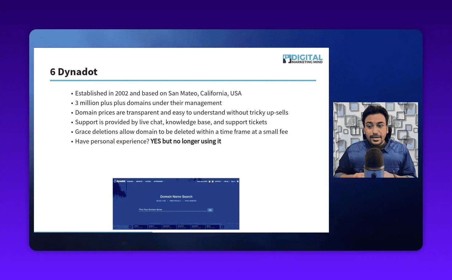 Clear presentation slide '6 Dynadot' with legible bullets about domain count, transparent pricing, support options and grace deletions; small presenter inset on the right so the slide content remains unobstructed.