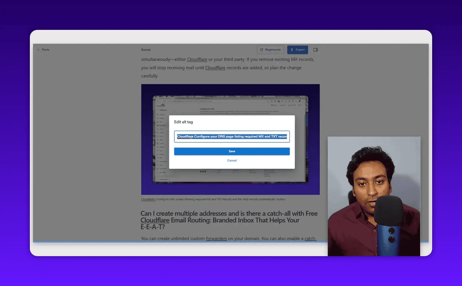 WordPress edit alt tag dialog open over an inserted screenshot, with the alt text highlighted and the presenter inset to the right