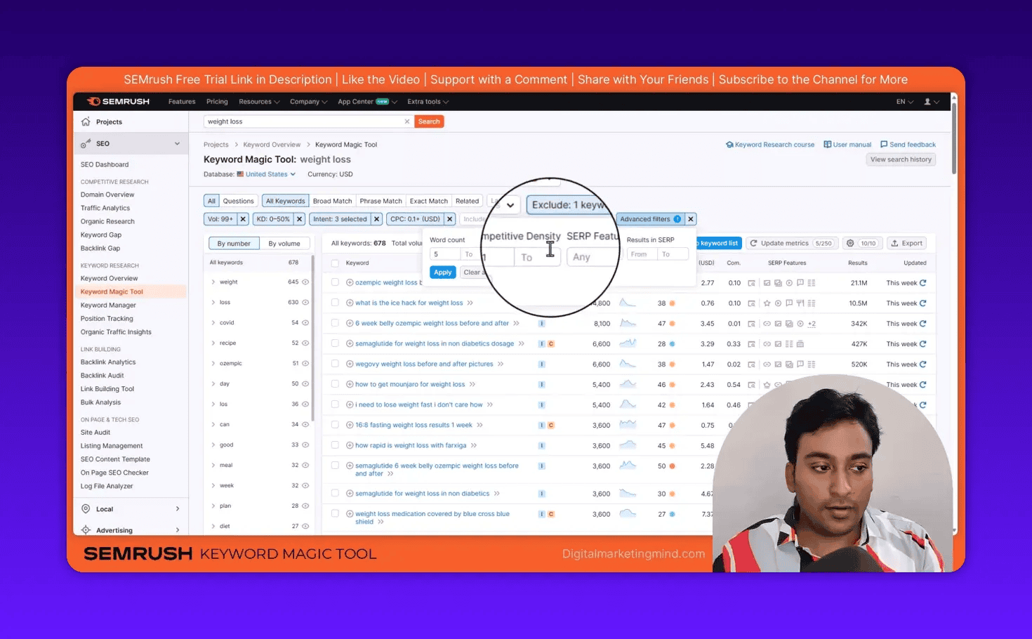 SEMrush Keyword Magic Tool advanced filters with 'Word count' and 'Results in SERP' fields highlighted
