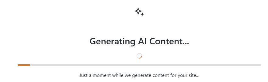 Progress bar showing StellarSites AI content generation.