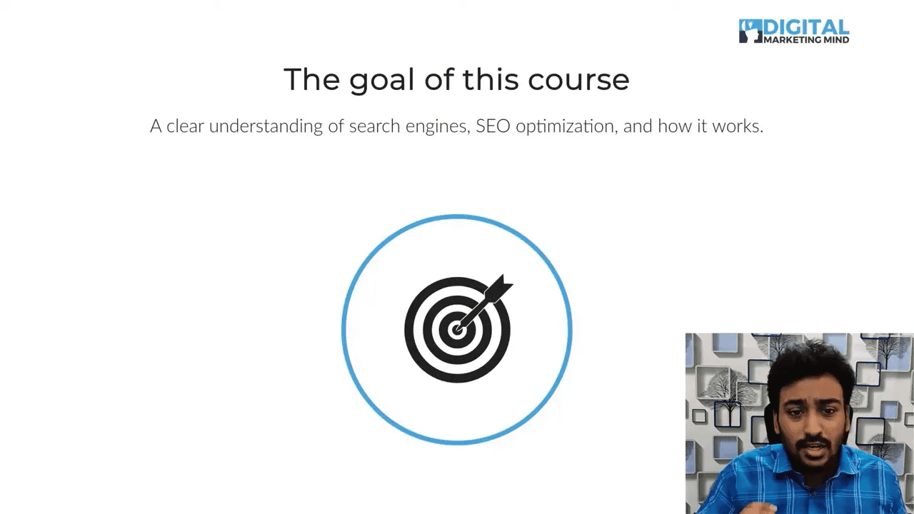 Slide titled 'The goal of this course' with target icon and brief description of SEO course objectives