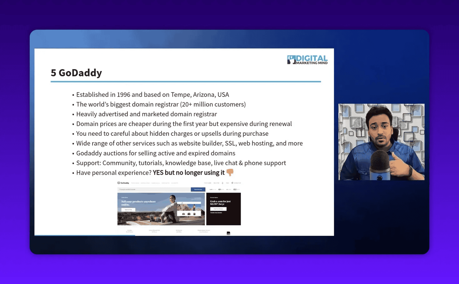 Presentation slide '5 GoDaddy' with clear bullet points about GoDaddy's size, first‑year pricing and upsells, and a presenter inset at the right.