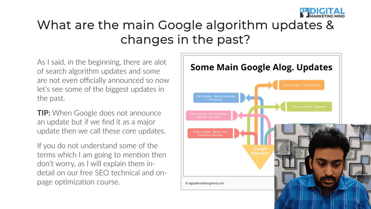 Slide titled 'What are the main Google algorithm updates & changes in the past?' showing a diagram of major updates with a small presenter inset.