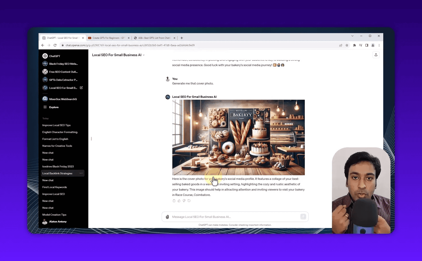 ChatGPT reply displaying a bakery cover photo collage of breads, pastries and cakes, with a small presenter video inset at the bottom-right.