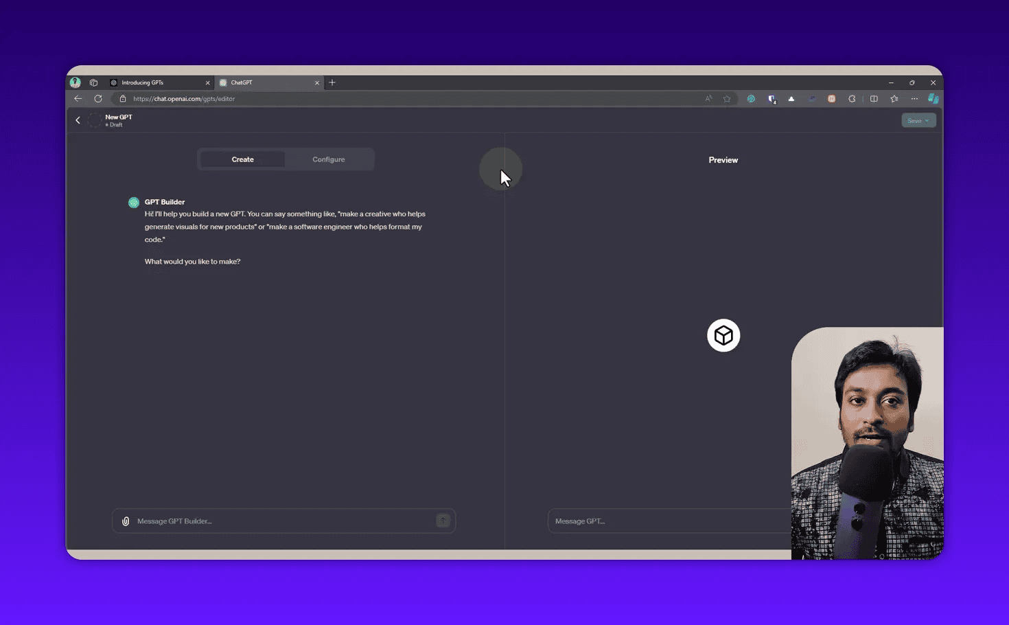 GPT Builder 'Create' screen with prompt 'What would you like to make?' and left-side instruction area