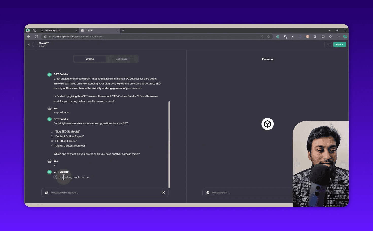 ChatGPT GPT builder interface with suggested names, a visible 'Generating profile picture...' indicator, and the creator's webcam in the corner.