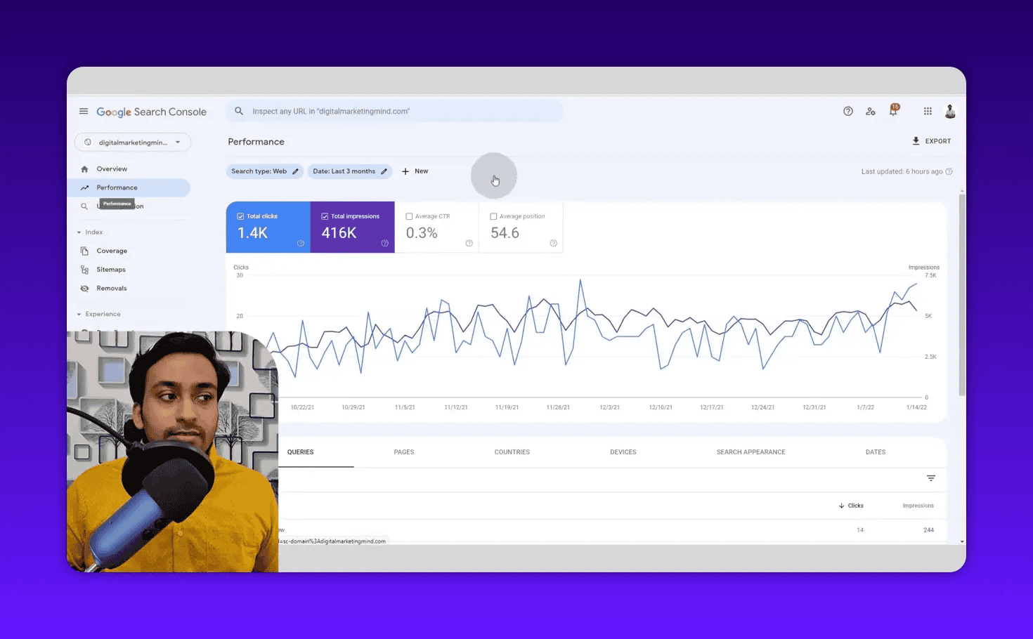Google Search Console Performance report screen showing metric cards for total clicks, total impressions, average CTR and average position above a time-series graph; presenter appears in the bottom-left corner.