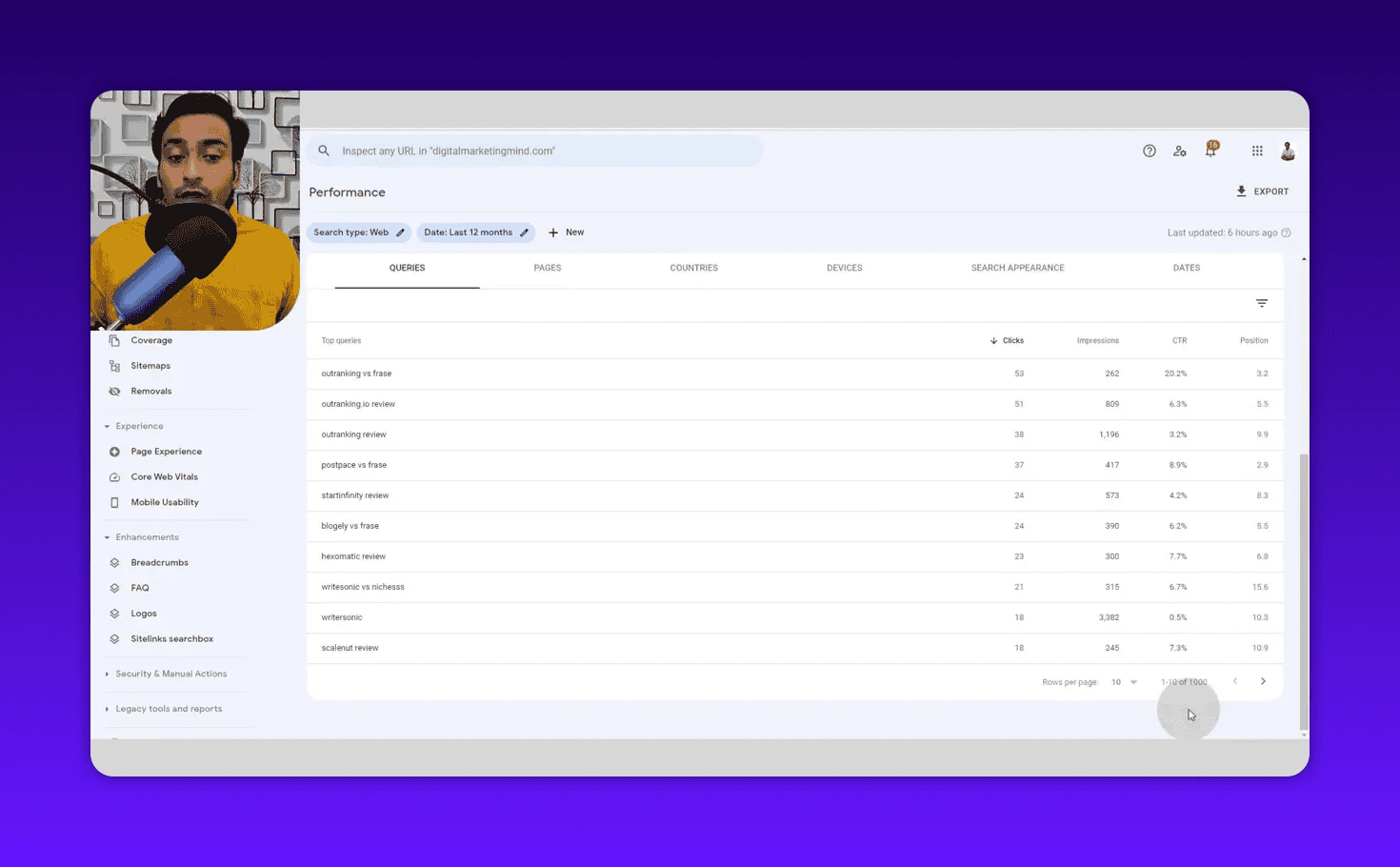 Google Search Console Performance report Queries tab listing top queries and their clicks, impressions, CTR and average position with a clear, readable table view.