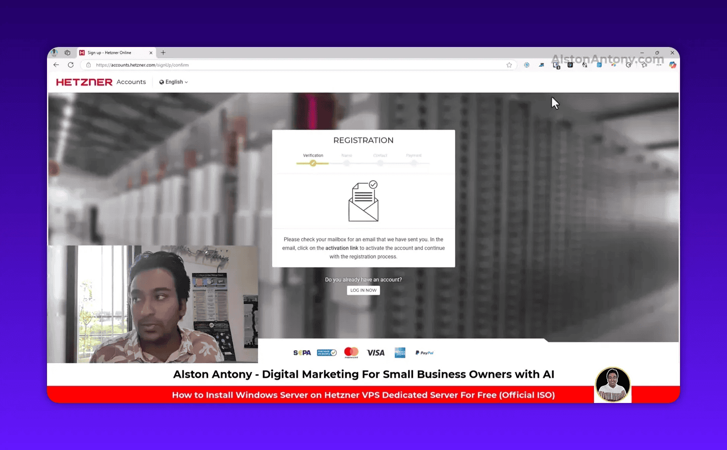 Hetzner Accounts registration page prompting to check your email for an activation link