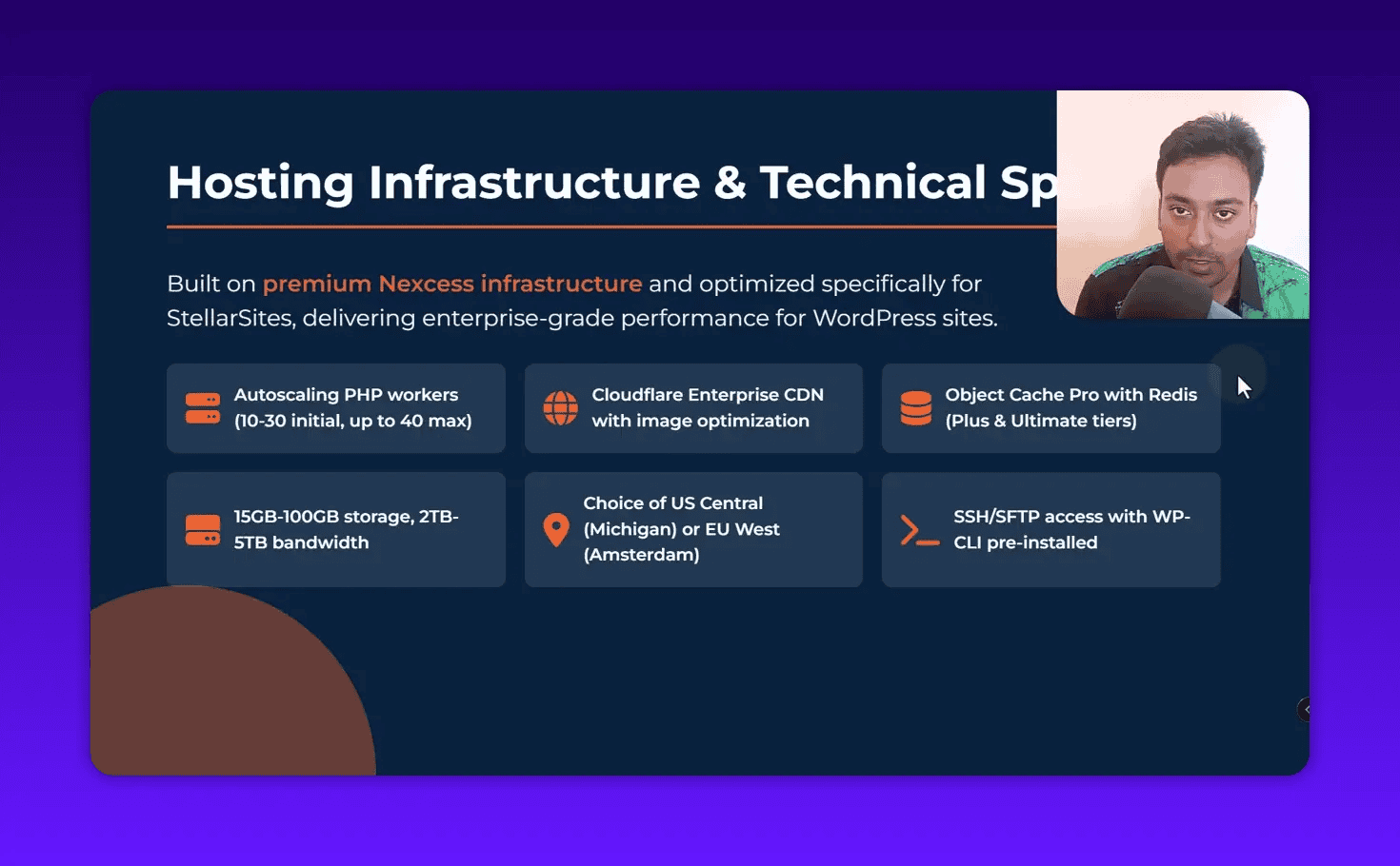 Presentation slide titled 'Hosting Infrastructure & Technical Specs' with feature tiles for Cloudflare Enterprise CDN, Object Cache Pro with Redis, storage limits and SSH/SFTP access; presenter in top-right corner, slide text clear and readable.