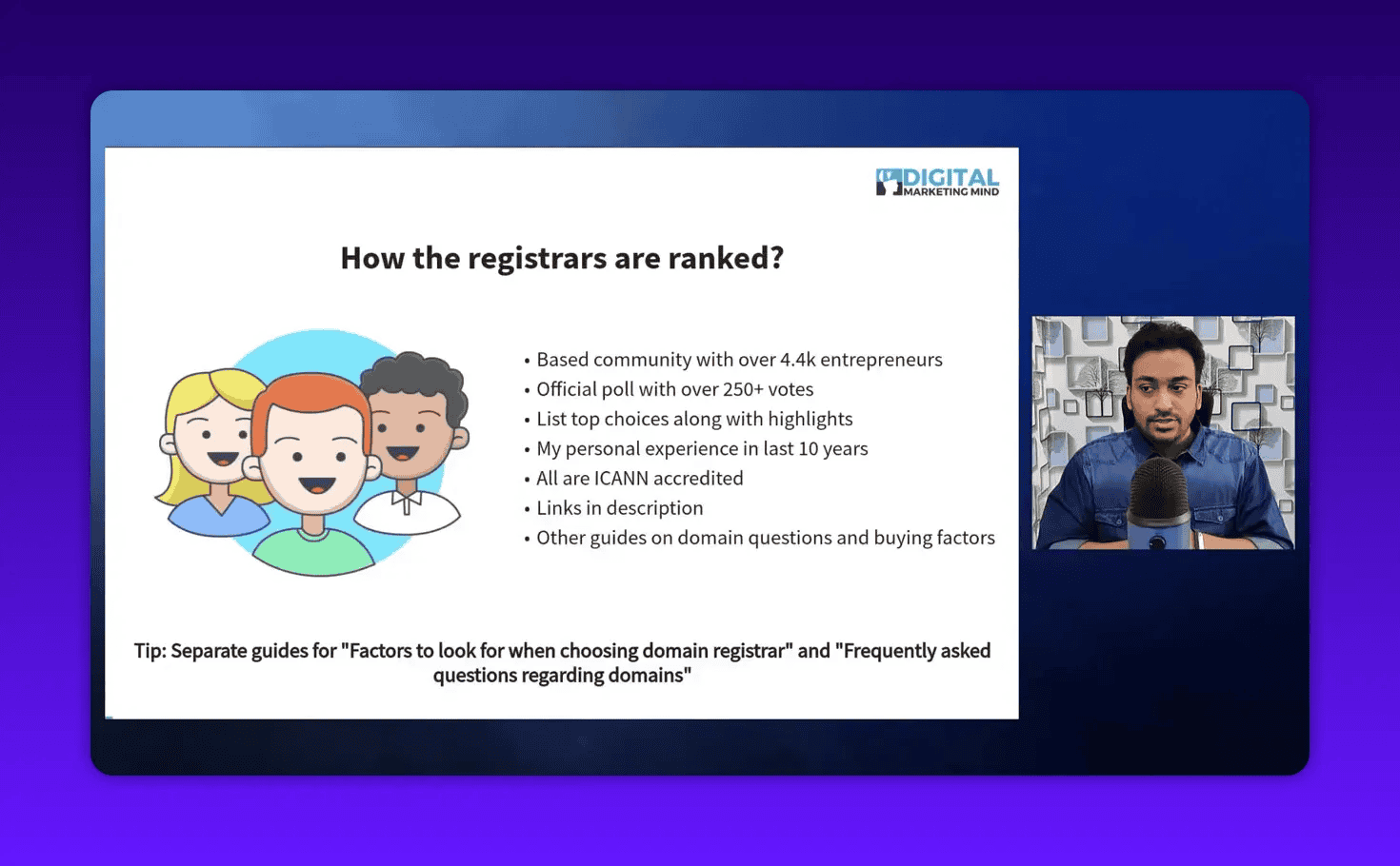 Clear slide 'How the registrars are ranked?' with bulleted ranking criteria and presenter in an inset.