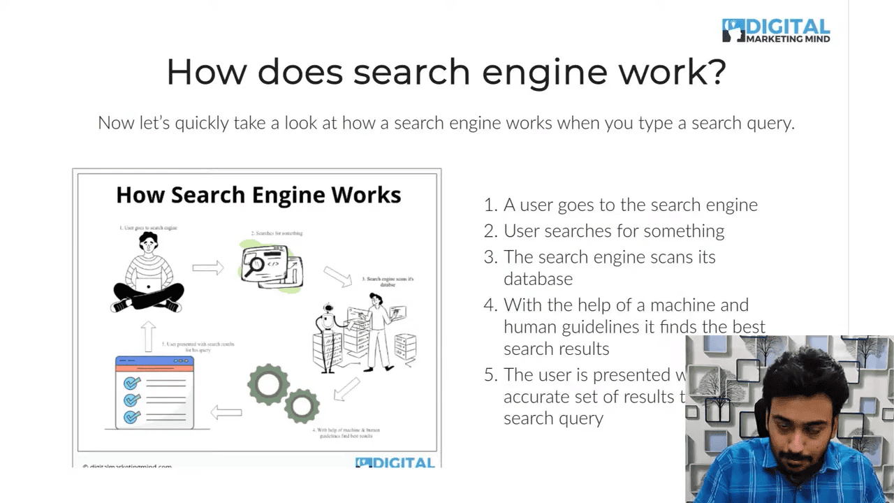 Presentation slide titled 'How does search engine work?' with diagram and a numbered list of five steps describing how a search engine processes a query.