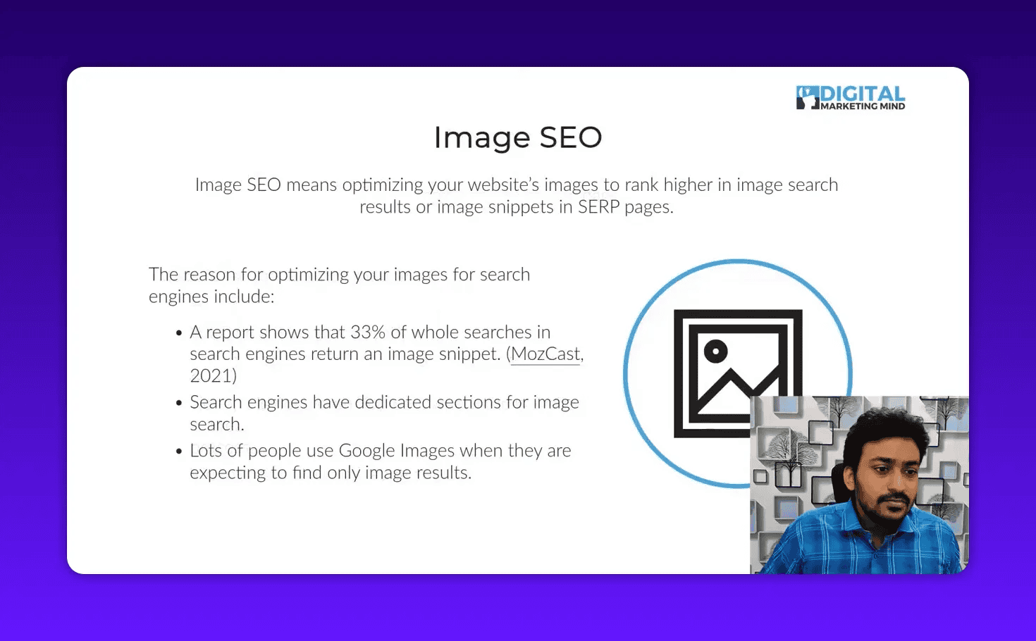 Slide titled 'Image SEO' with descriptive bullets and a large image-icon graphic, presenter visible in corner