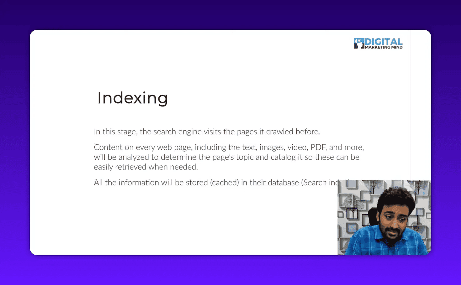 Slide titled 'Indexing' explaining how content is analyzed and cached in the search index