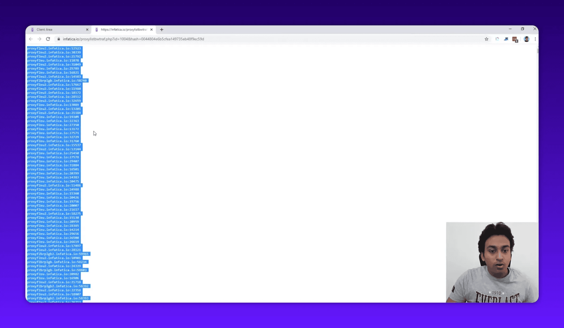 Infatica dynamic proxy list showing proxy hostnames and ports (host:port entries) in the dashboard.