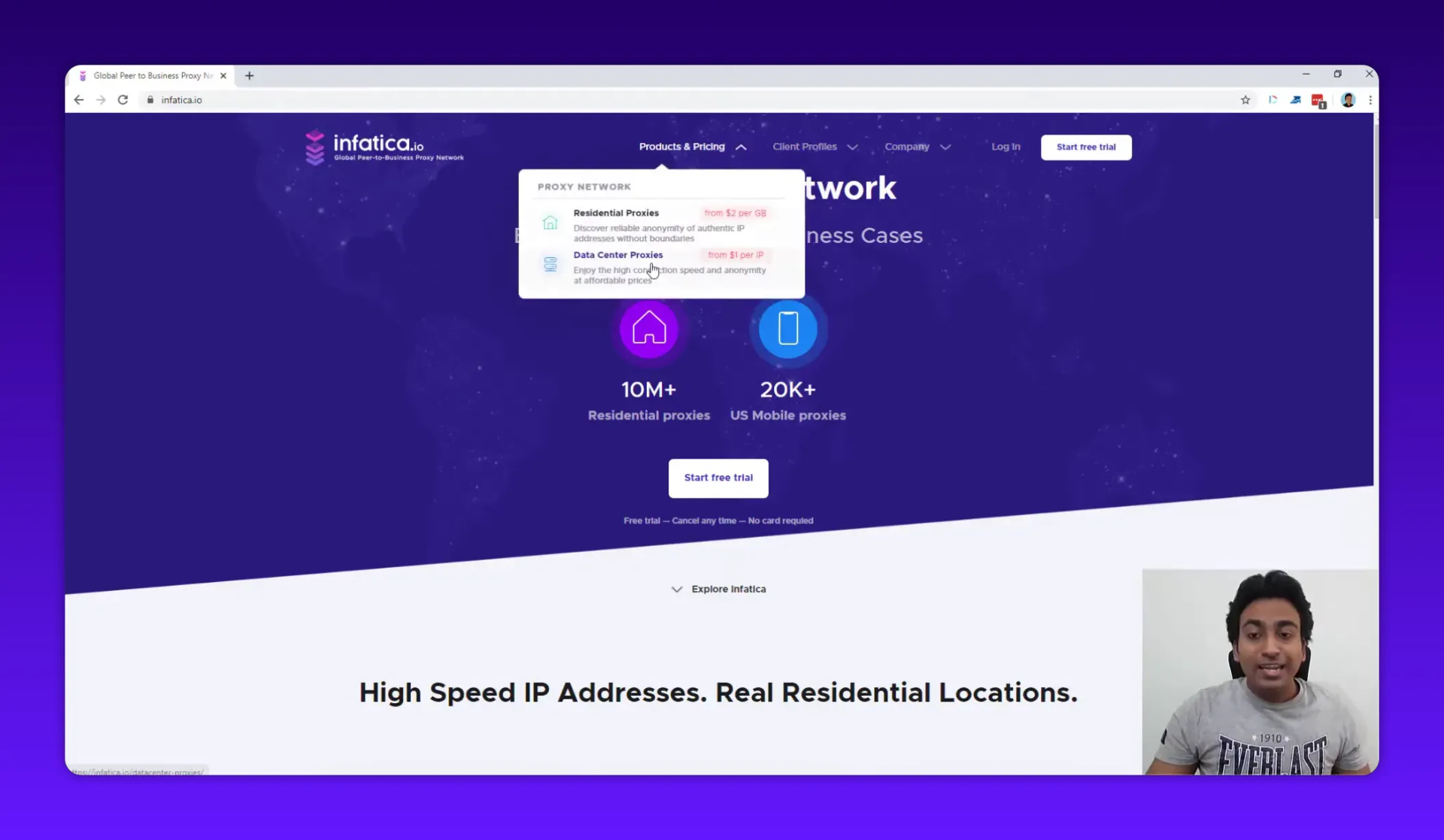 Infatica site with Products & Pricing dropdown showing Residential Proxies and Data Center Proxies