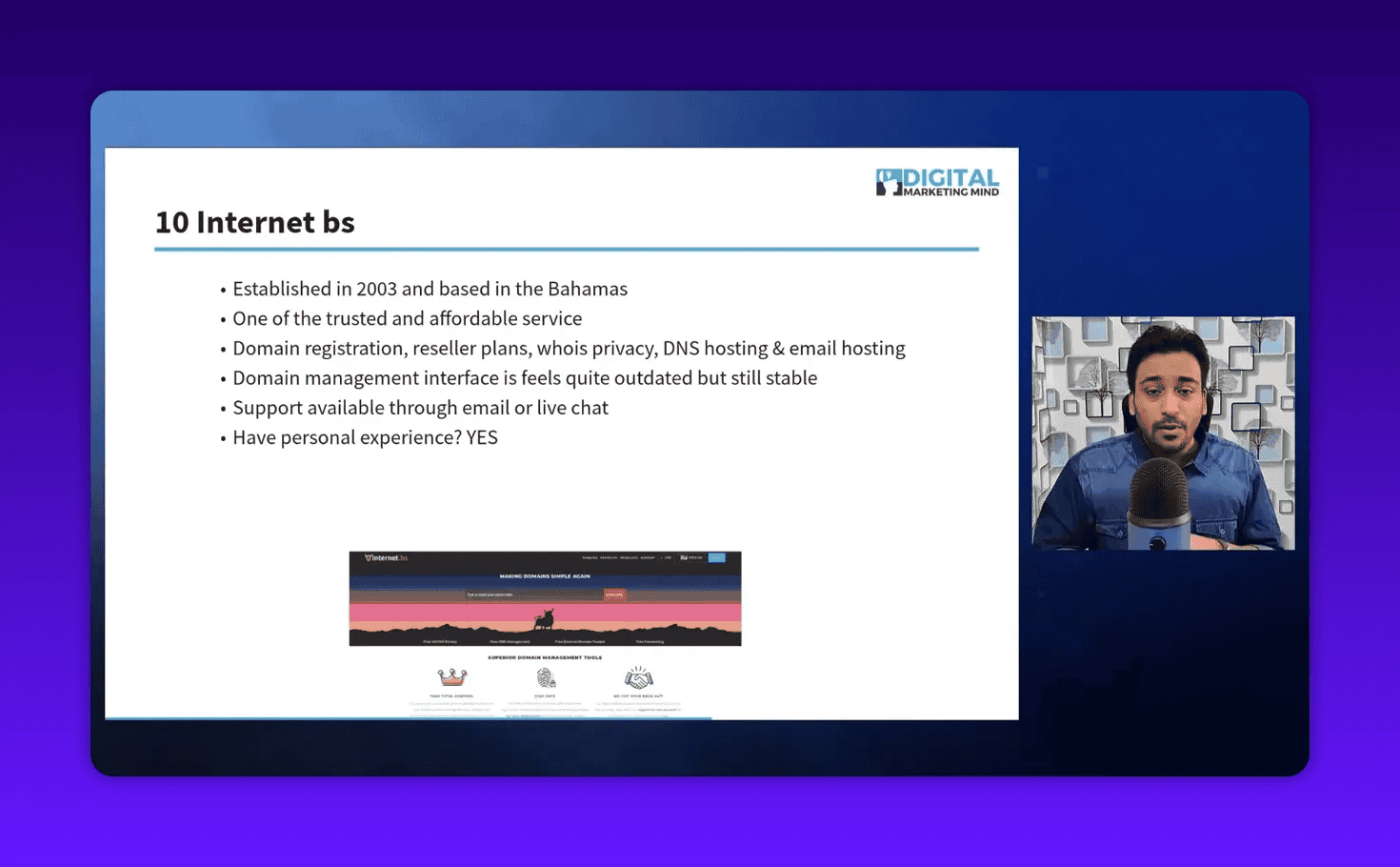 Readable presentation slide '10 Internet bs' with bulleted notes about services, privacy and support; presenter shown in a modest inset so slide text remains clear.