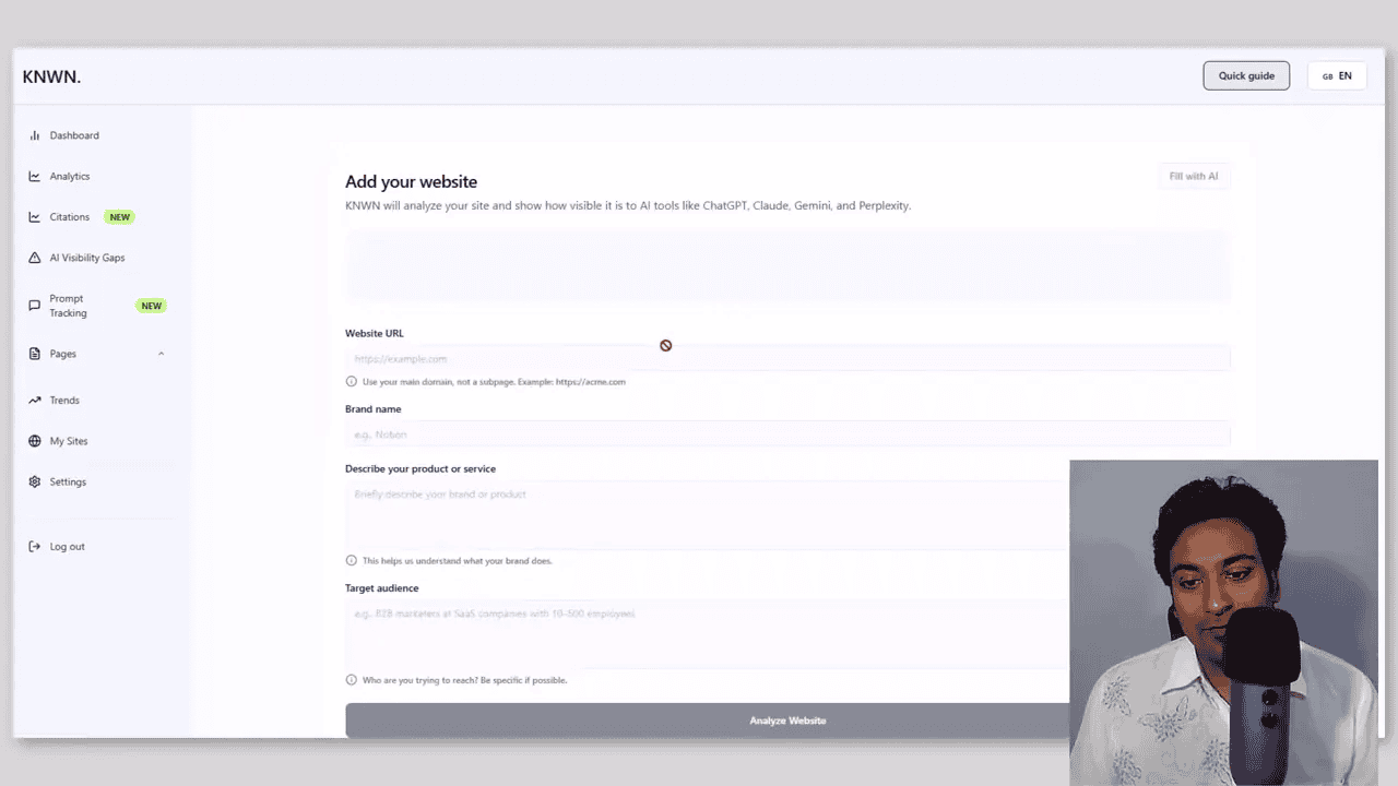 Knwn dashboard 'Add your website' setup screen with form fields and small presenter inset