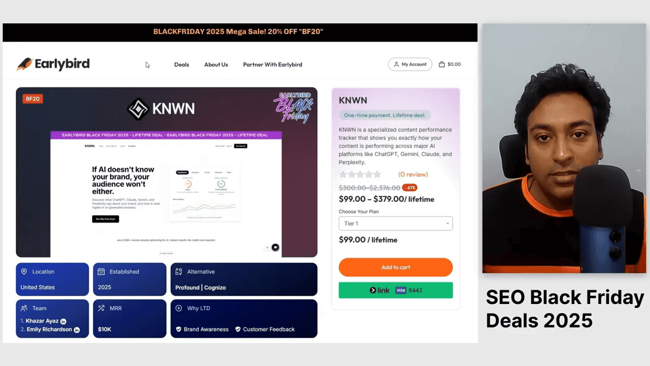 Earlybird KNWN lifetime deal page with pricing tiles and presenter visible